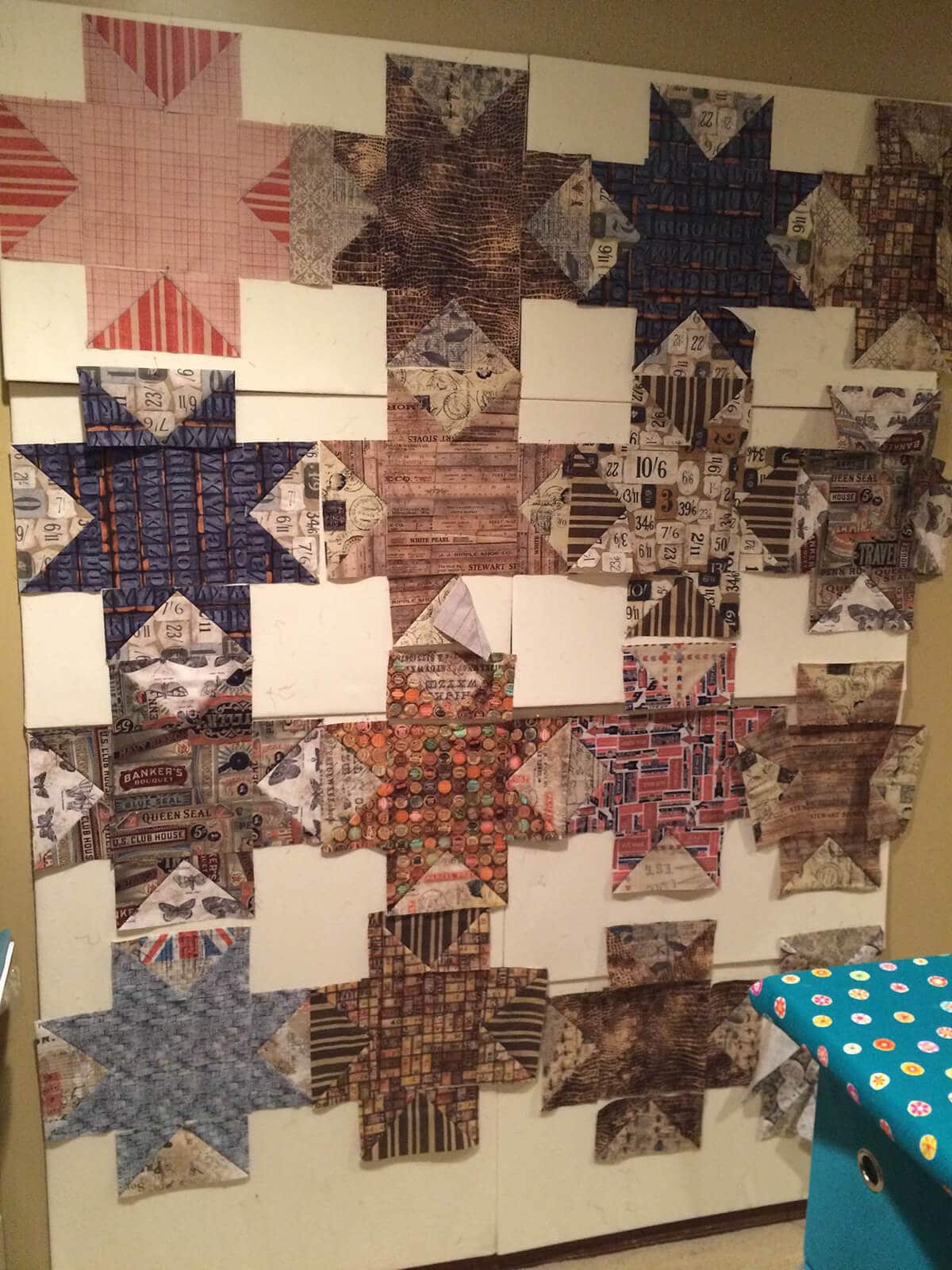 In progess. Blocks on design wall for Variable Star quilt.