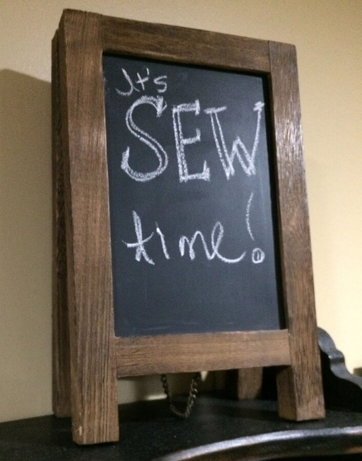 Photo of mini chalkboard with the words "It's Sew Time!" written on it.