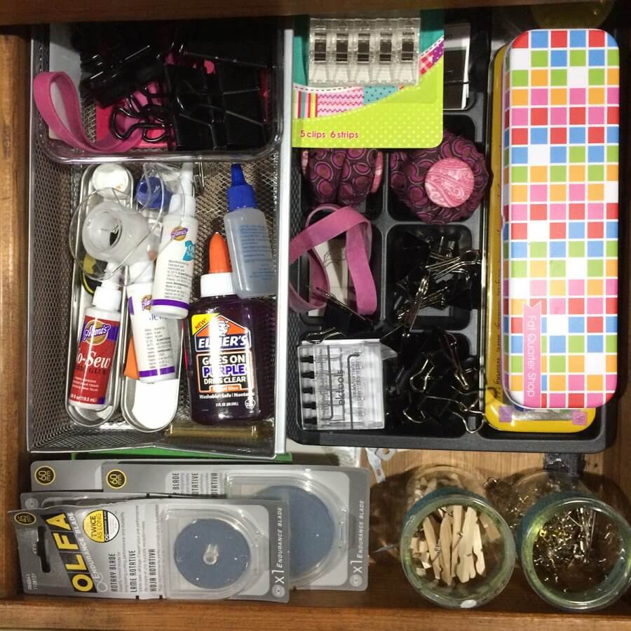 Photo of drawer containing sewing notions