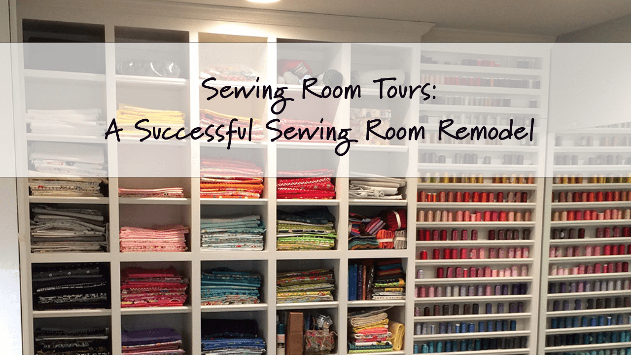 Photo of shelves holding fabric with text overlay "sewing room remodel"