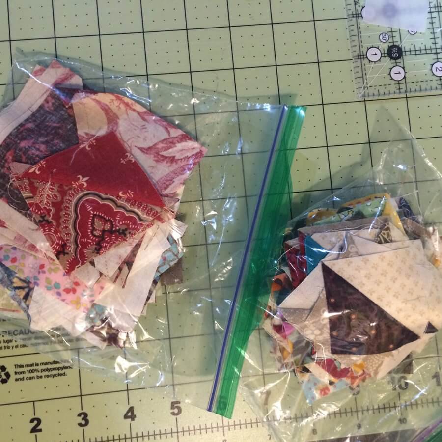 Photo of ziplock baggie full of HSTs made from Quick Corners