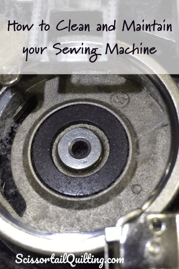 Pinterest image photo of dirty bobbin case in sewing machine