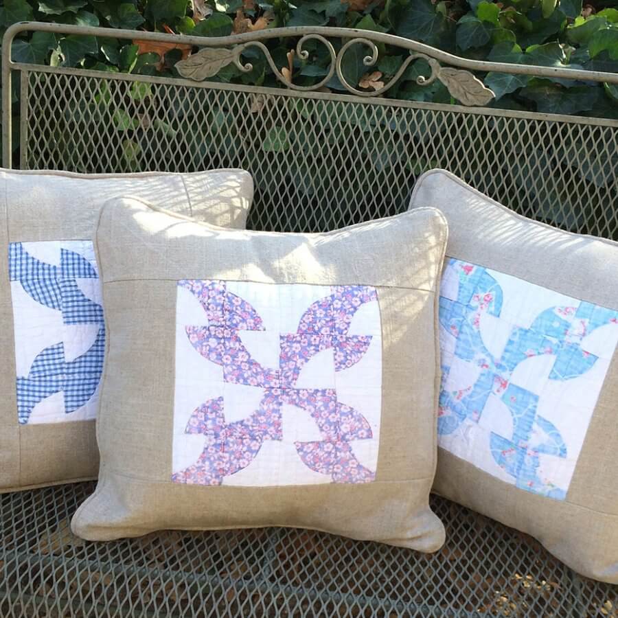 Pillows made from old tattered quilt