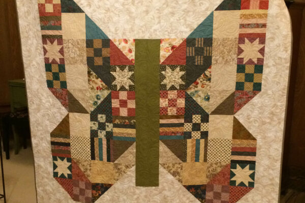 Picture of a quilt with blocks in shape of a butterfly