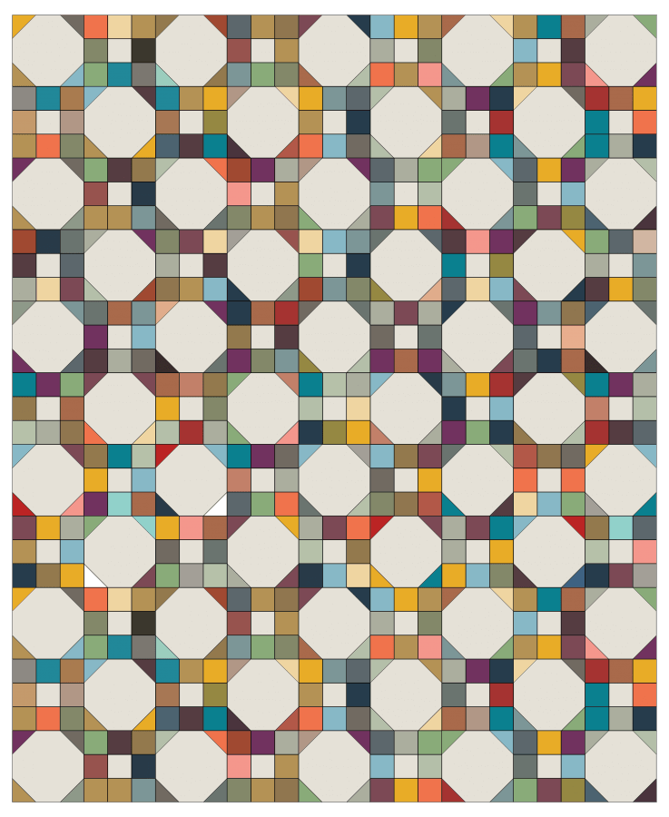 Illustration of 9-patch snowball quilt using many colors of fabric