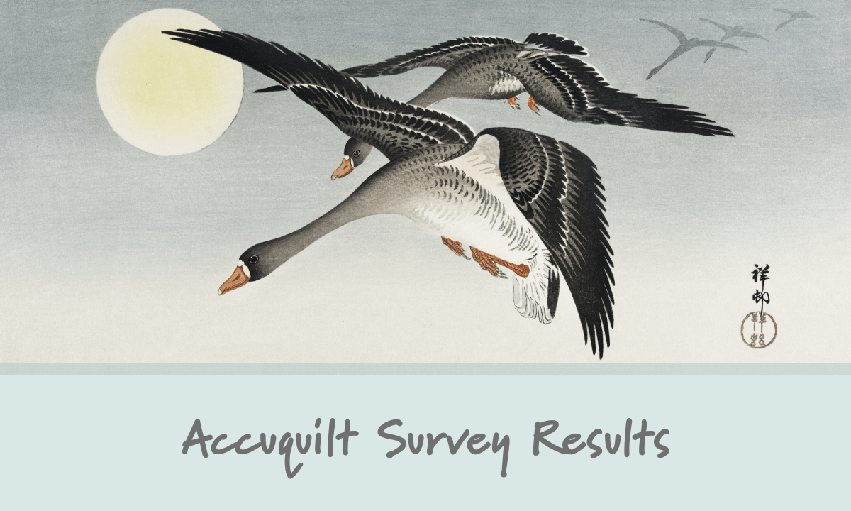 Public domain Japanese art showing flying geese with text overlay that reads Accuquilt Survey Results