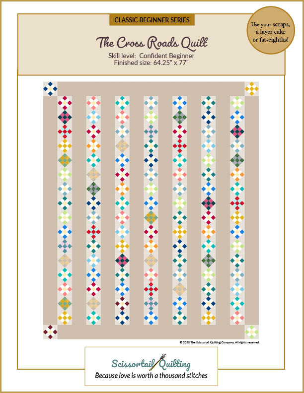 Cover for a PDF Quilt Pattern called The Cross Roads Quilt, showing 9-patch blocks arranged in columns