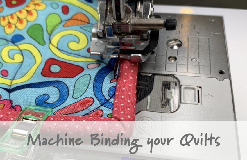 This blog header images shows a picture of a sewing machine that is binding a quilt